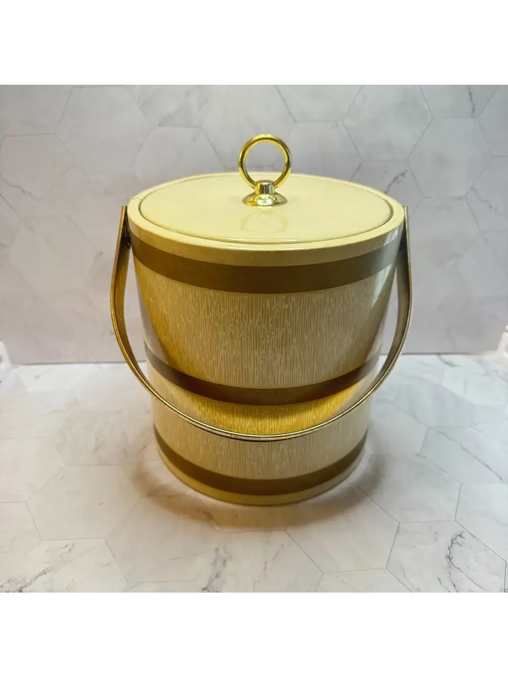 Vintage Culver Ice Bucket MCM Ecru w/Lid & Handle Barware Retro 70s 80s in EUC